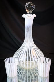 3 pc Lot Northwood Opalescent Glass Stripe Decanter & Cordial Whiskey Set