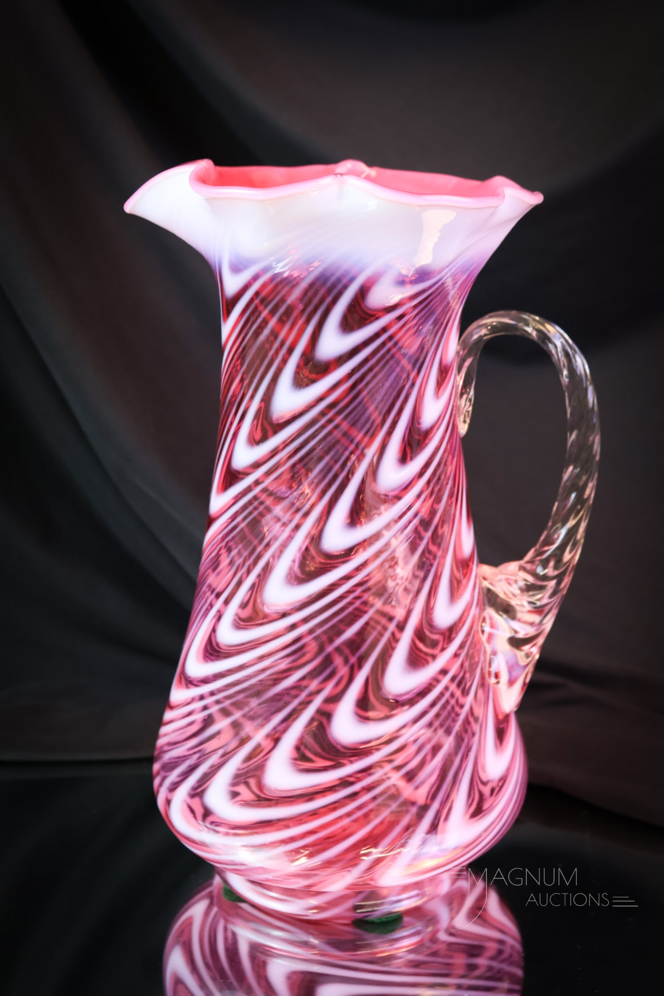 Scarce Northwood Cranberry Opalescent Victorian Blown Twist Pitcher: Another rare and fine example of a Victorian Northwood cranberry opalescent glass tankard pitcher. This one is in the Blown Twist pattern. It has rich cranberry coloring and crisp white opalescence. T