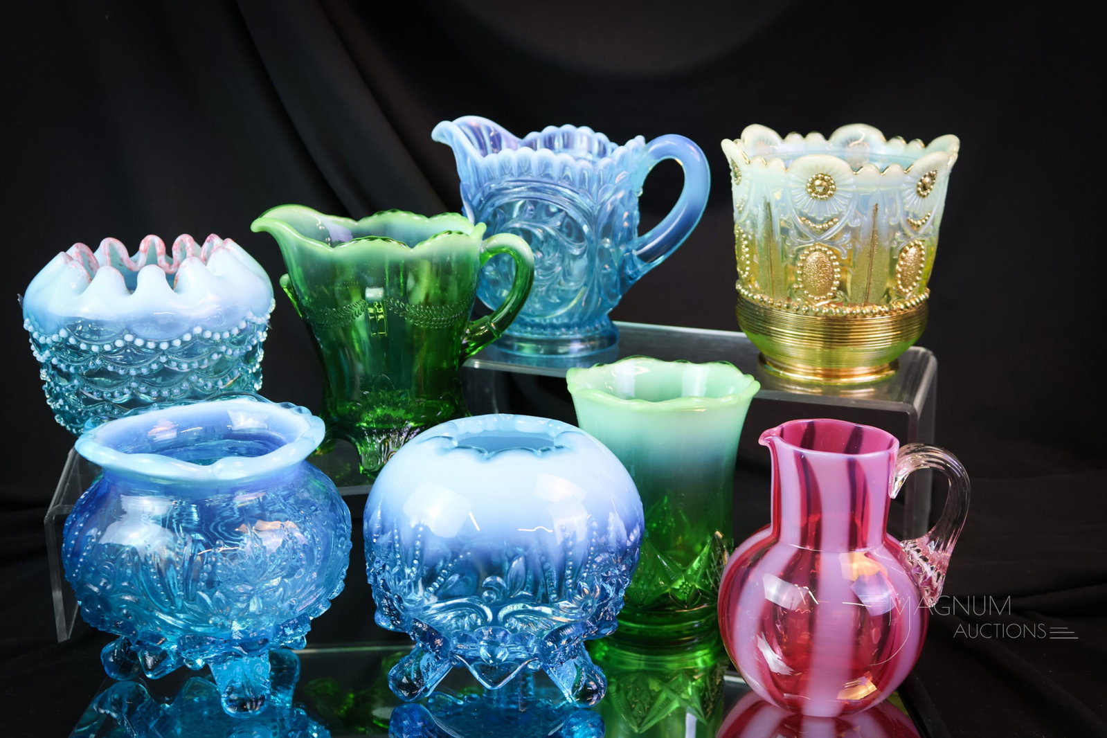 8 pc Lot Victorian Opalescent Glass Vaseline Green Uranium Cranberry Blue: An eight-piece lot of some of the most desirable finds to complete sets you could imagine. This lot offers three blue opalescent rose bowls. A blue creamer. A green spooner and creamer, A vaseline sug