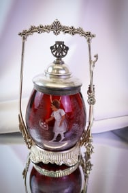 Victorian Silverplate Mary Gregory Glass  Ruby Pickle Castor