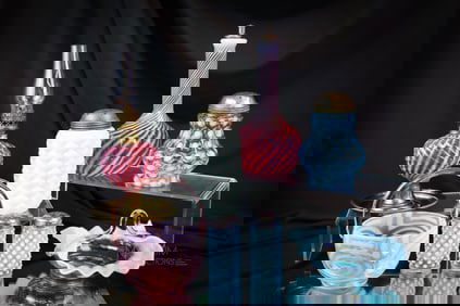 8 pc Lot Fenton Consolidated Cranberry Blue Pink Opalescent Glass & More