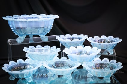 10 pc Set Northwood Blue Opalescent Victorian Glass Jackson Klondyke