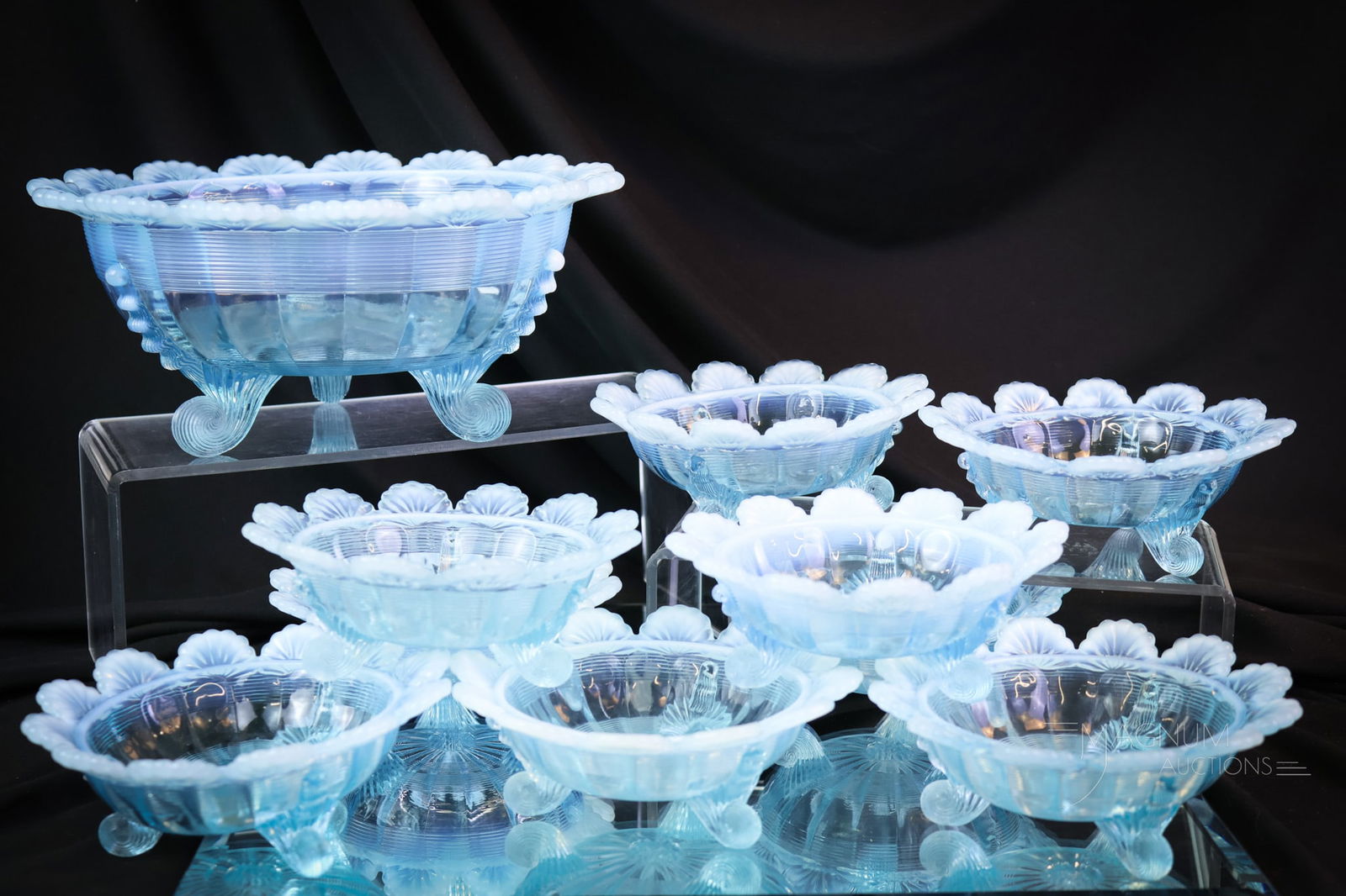 10 pc Set Northwood Blue Opalescent Victorian Glass Jackson Klondyke: A way more than complete berry set in the Northwood pattern Jackson or Klondyke. This offering has great color and opal. The tallest measures 4". SHIPPING NOTICE: If you choose not to utilize the Live