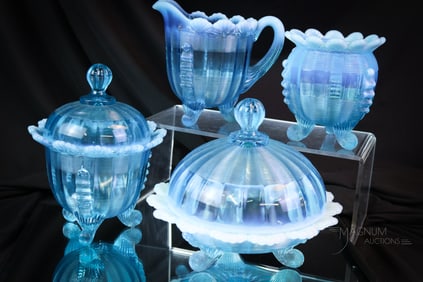 4 pc Set Northwood Blue Opalescent Jackson Klondyke Pattern Glass
