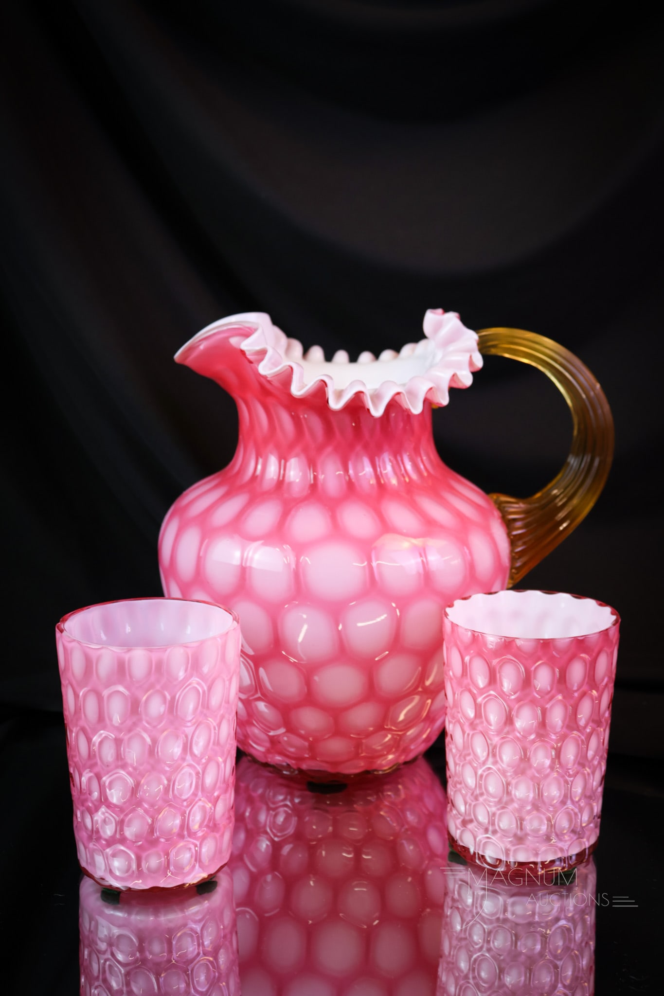 3 pc Set Victorian Pink Cased Phoenix Honeycomb Glass Water Set: This pattern is always a find when you see it. This is a pitcher and two matching tumblers. The glass is attributed to Phoenix and in the Honeycomb pattern. Bid now and high for this lovely set. It ma