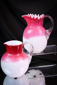 2 pc Lot Phoenix Pink Cased Drape Victorian Glass Pitchers