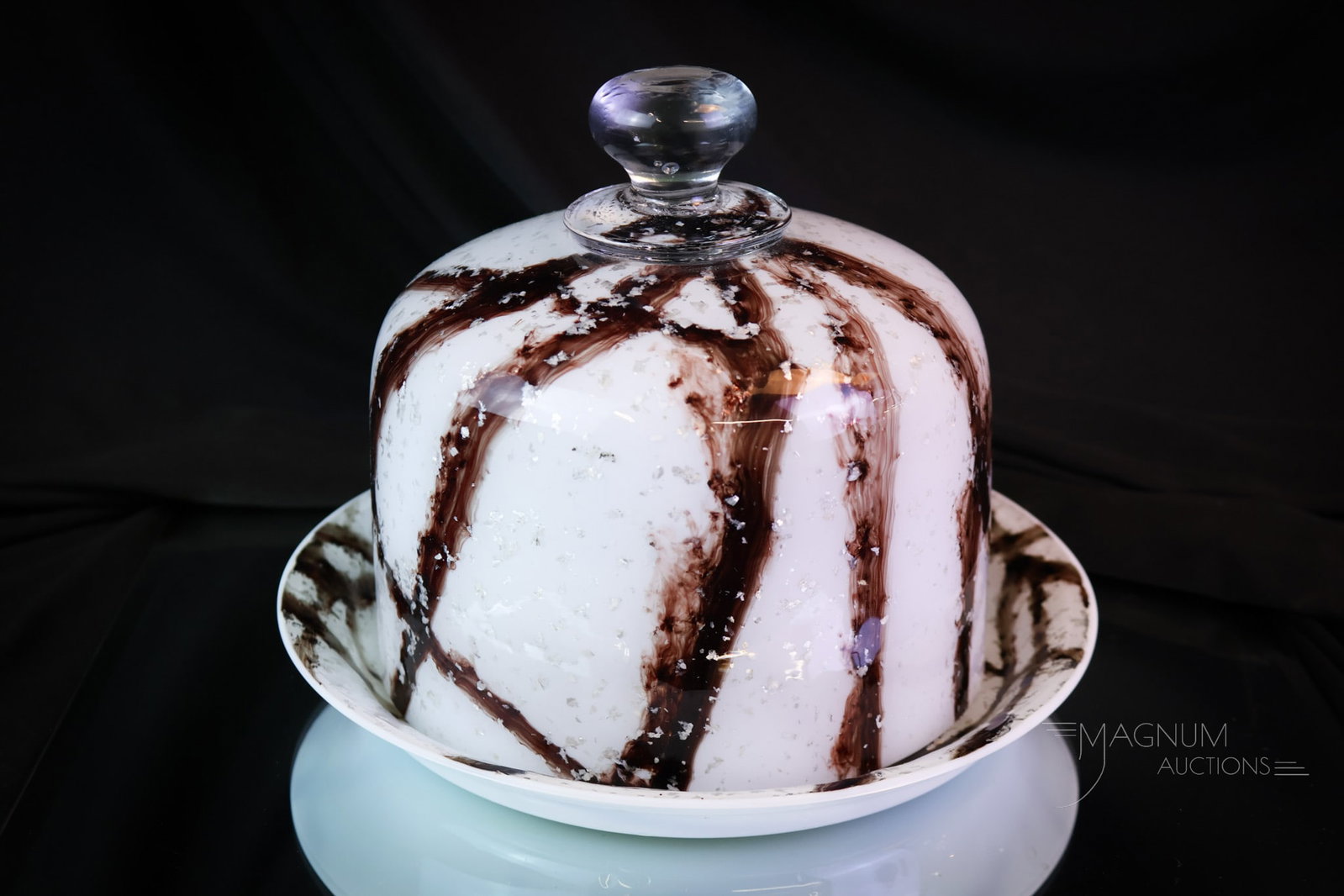 Phoenix Harrach Victorian Art Glass Cheese Dome & Underplate: A very unusual find in Victorian glass. This is a cheese dome complete with a matching underplate. The glass is spangled with mica inclusions. It also has an unusual, abstract dark stripe pattern. Com