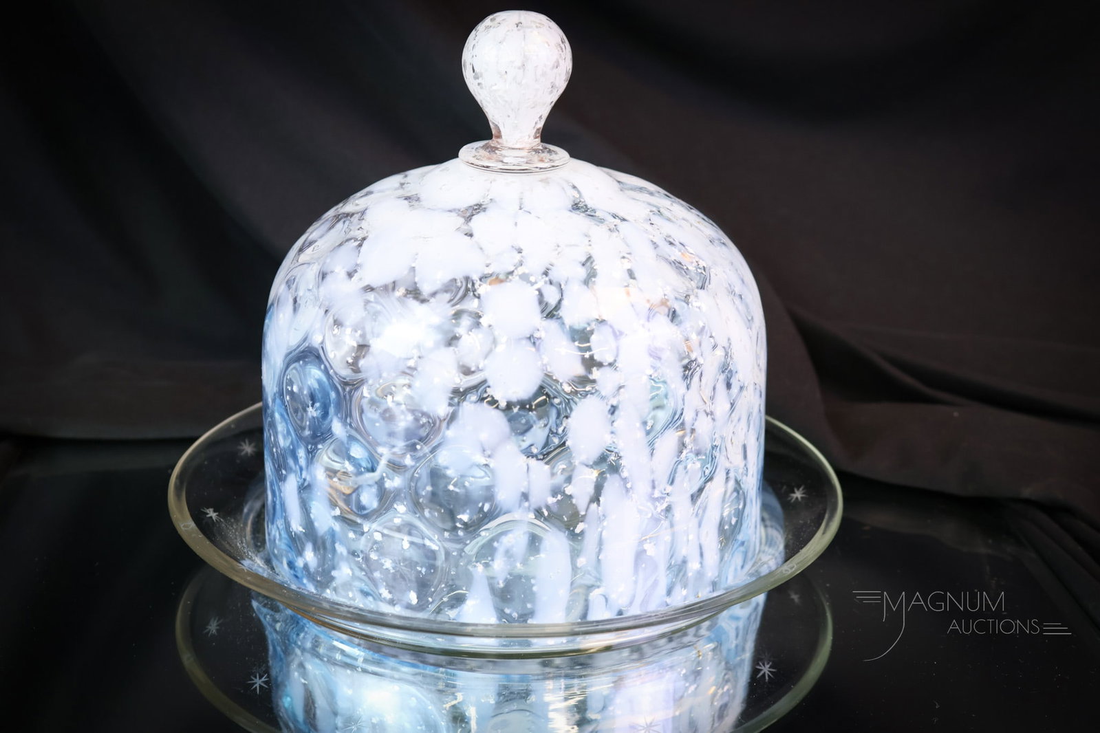 Phoenix Victorian Spatter Spangle Glass Cheese Dish: A lovely find in Victorian spatter and spangle glass. This is a cheese dish in blue and white spatter glass with mica inclusions. It is complete with a clear base to match the finial on the lid. It sp