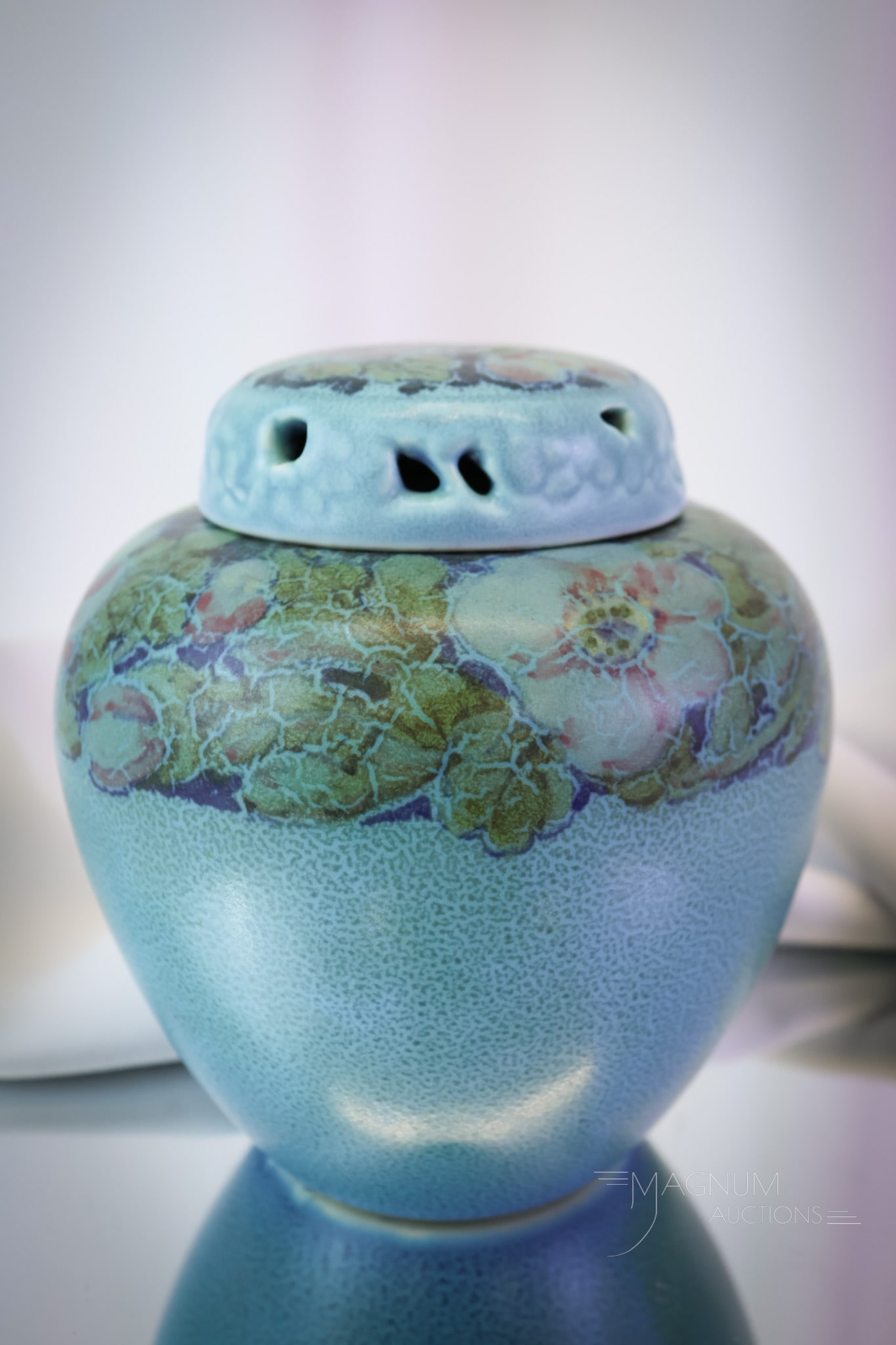 Rookwood Pottery Matte Glaze #1321-C circa 1930 Potpourri Jar: What a fine example this piece of Rookwood pottery is. It is numbered #1321-C and is circa 1930. The piece is a floral-decorated potpourri jar in matte glaze. It measures 6" tall. SHIPPING NOTICE: If