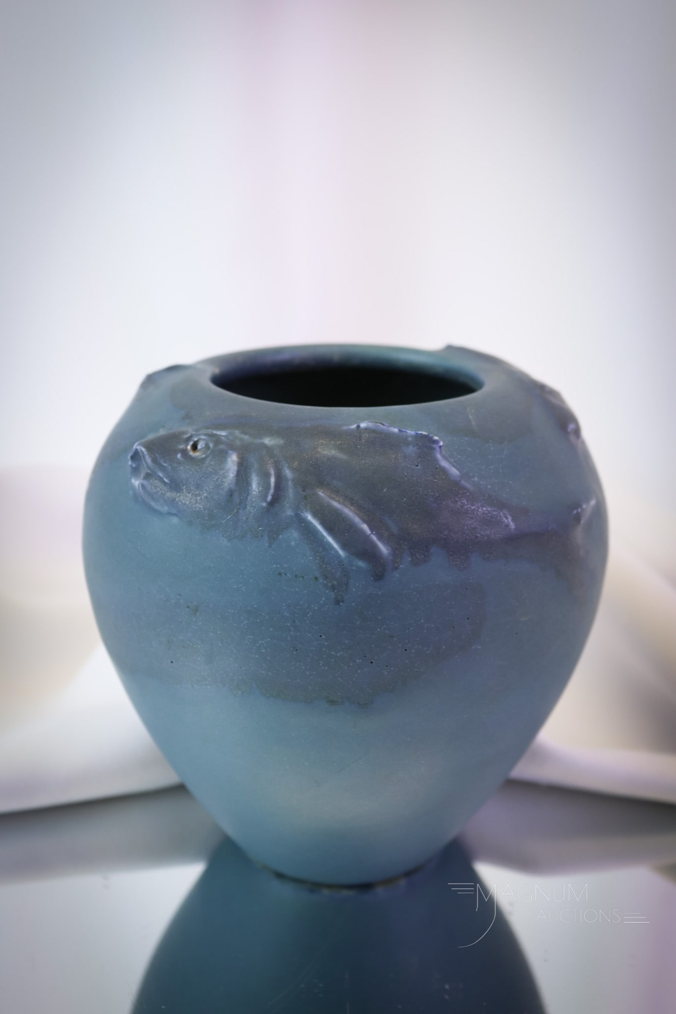 Rookwood Arts & Crafts Pottery Matte Glaze Fish Vase Marked VII, #1120: Here's a fine piece of early Rookwood in blue matte glaze with embossed fish. The vase is marked "VII, #1120." This impressive piece measures 5" tall and 5" wide. SHIPPING NOTICE: If you choose not to