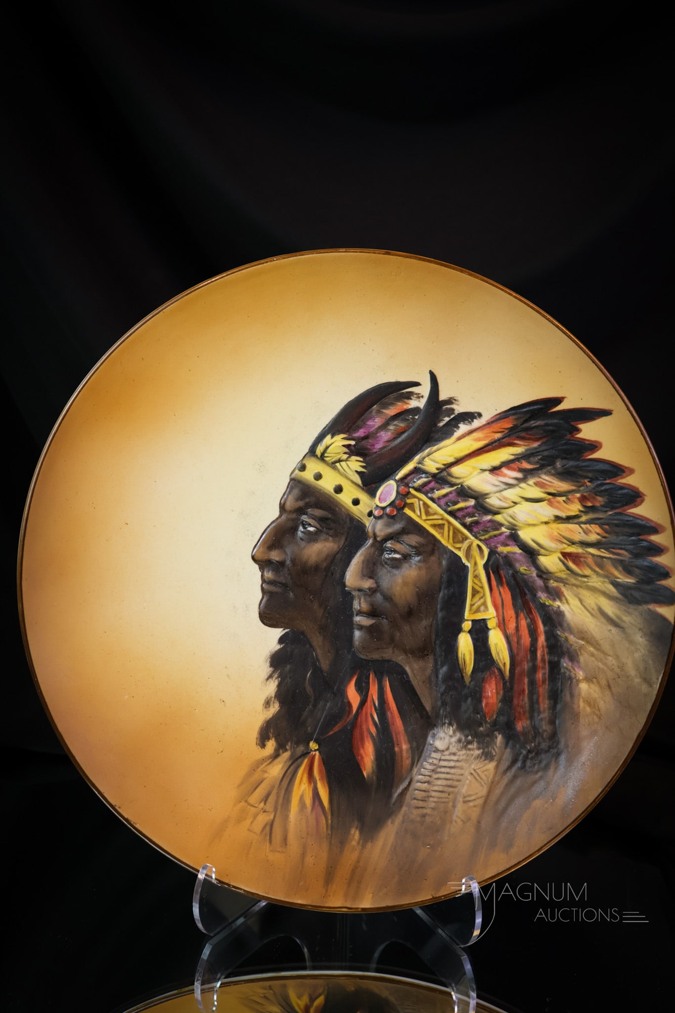 Green Mark Nippon Blow Out Indian Chiefs Plate: A richly colored Green Mark Nippon Indian Chiefs blowout plate. This example is very nice and a scarce find. The piece measures 1 1/4" tall and 10 1/2" in diameter. SHIPPING NOTICE: If you choose not