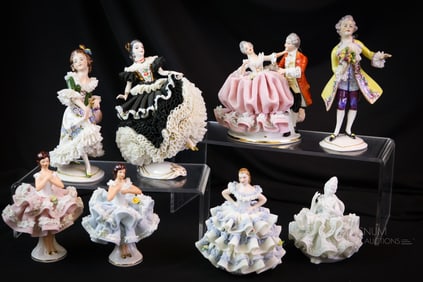 8 pc Lot Dresden Lace Porcelain Figurines
