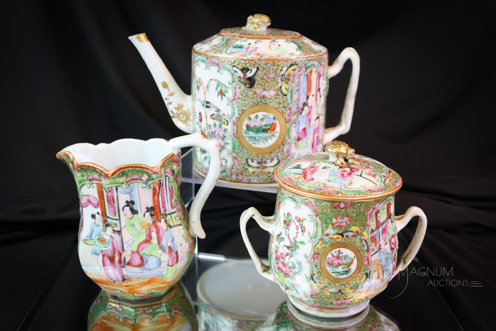 3 pc Lot Chinese Export Famille Rose Tea Set: A beautiful Chinese Export famille Rose decorated tea set. These three examples have lovely color and form. The tallest measures 6". SHIPPING NOTICE: If you choose not to utilize the LiveAuctioneers L