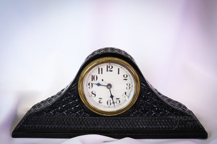 McKee Black Amythest Glass Daisy & Button Tambour Clock