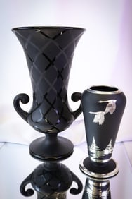 2 pc Lot Tiffin Black satin Glass Kimberly & Sterling Overlay