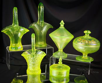 6 pc Lot Vaseline Uranium Glass from Bygone Days Tiffin Fenton & More