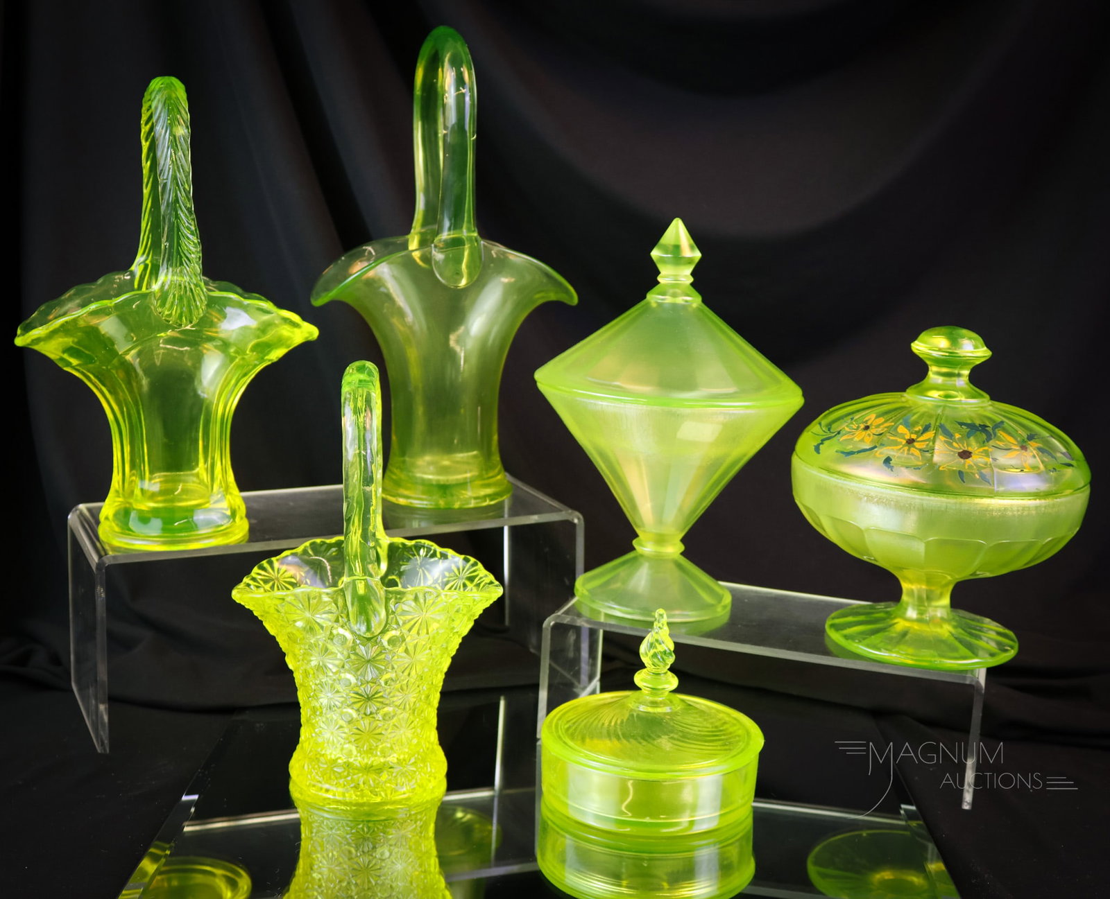 6 pc Lot Vaseline Uranium Glass from Bygone Days Tiffin Fenton & More: Six shining rays of light for your Vasie collection. This uranium lover's lot will shine brightly on the darkest of days. These fabulous finds from bygone days. There are three baskets, a Tiffin spira