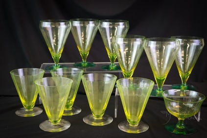 12 pc Utility Glassworks Vaseline Uranium Glass Stemware