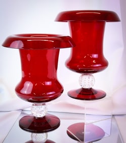 Pair Pairpoint Ruby Red Controlled Bubble Glass Mantle Urns