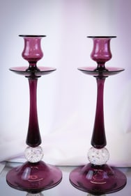 Pair Pairpoint Amethyst Controlled Bubble 12" Candlesticks
