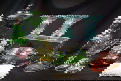 13 pc Lot Assorted Pleasures in Heisey Glass Zircon Flamingo Moongleam