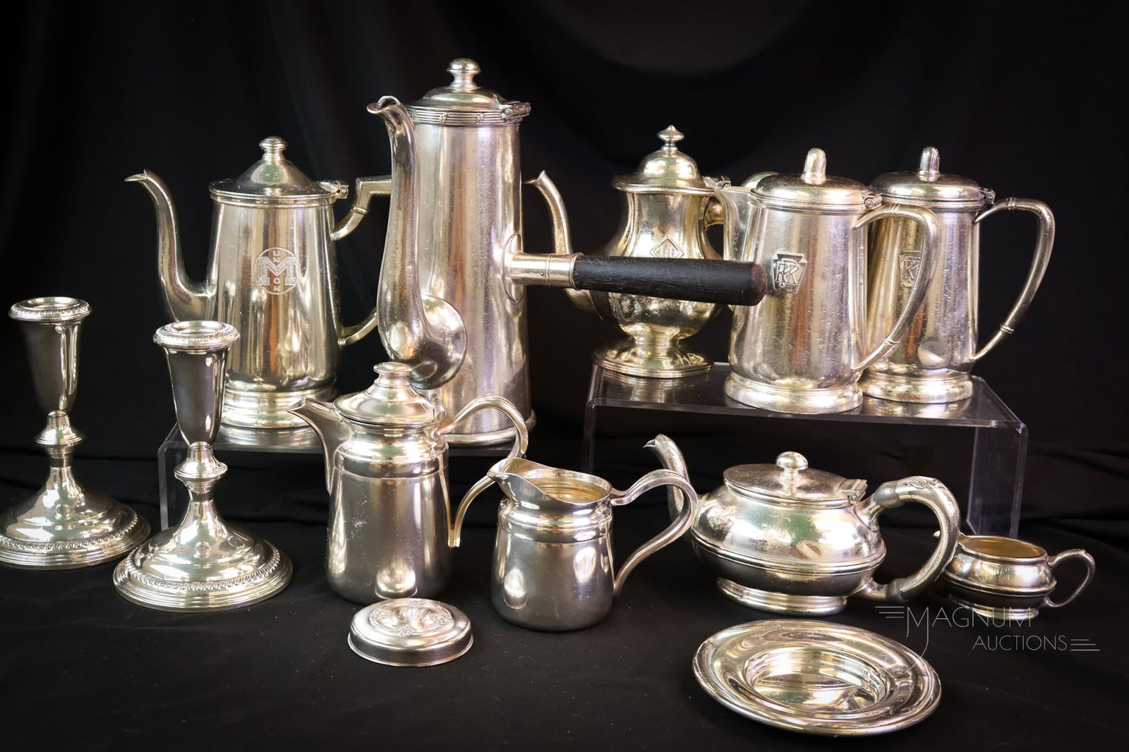 13 pc Lot Sterling Silver & Silver Soldered Wares Railroad Navy & More: A lot of plenty for your bidding pleasure. This lot contains sterling and silver soldered items. There is a sterling plate, lid, and weighted candlesticks. The remainder of the lot is silver soldered.
