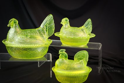 3 pc Lot Vaseline Glass Covered Chickens Mosser Boyd Westmoreland
