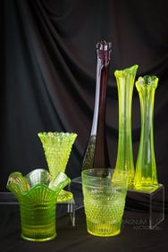 6 pc Lot Vaseline Uranium Swung & More Glass Vases