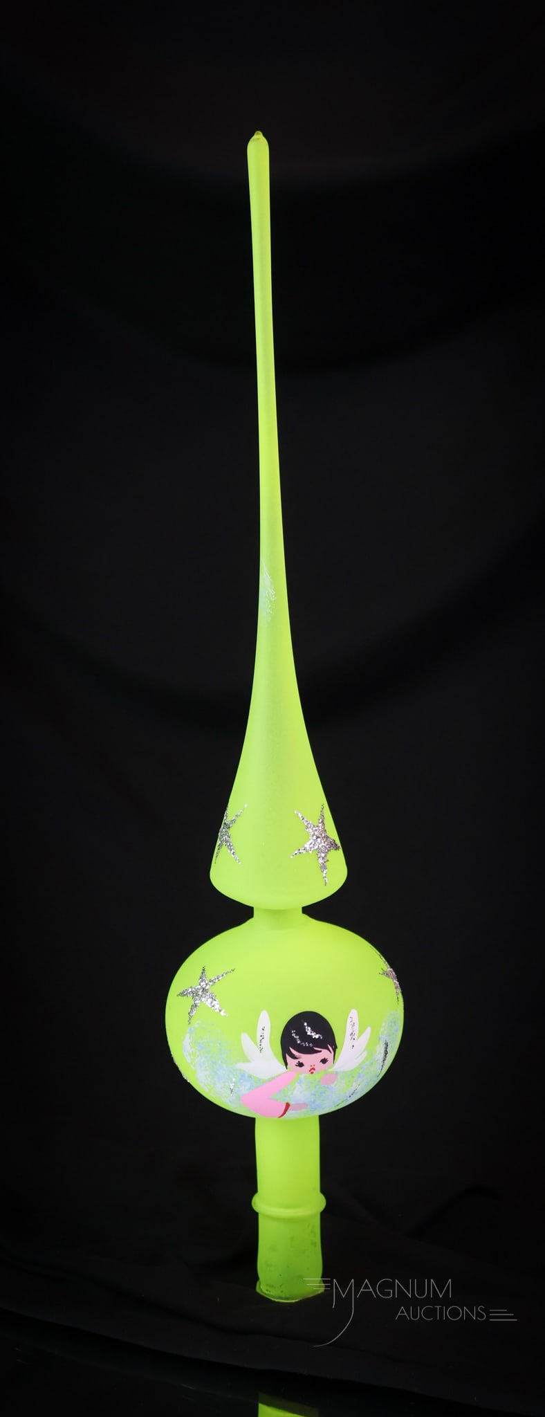 Rare Vaseline Uranium Satin Christmas Tree Topper Marshall Field & Co.: Uranies and Vasies alike, stand up and take note of this rare find with the original box. This is a Christmas tree topper complete with the old original box from Marshall Field & Co. This fun and high