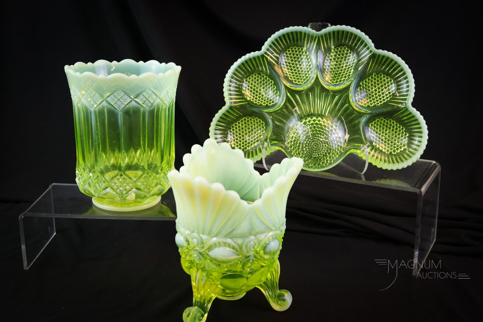 3 pc Lot Mosser Vaseline Uranium Glass Eyewinker & More: Three delights for the Vasie lovers out there! This lot combines three finds in Mosser vaseline glass. There are two pieces in the Eyewinker pattern along with a deviled egg plate. The tallest measure