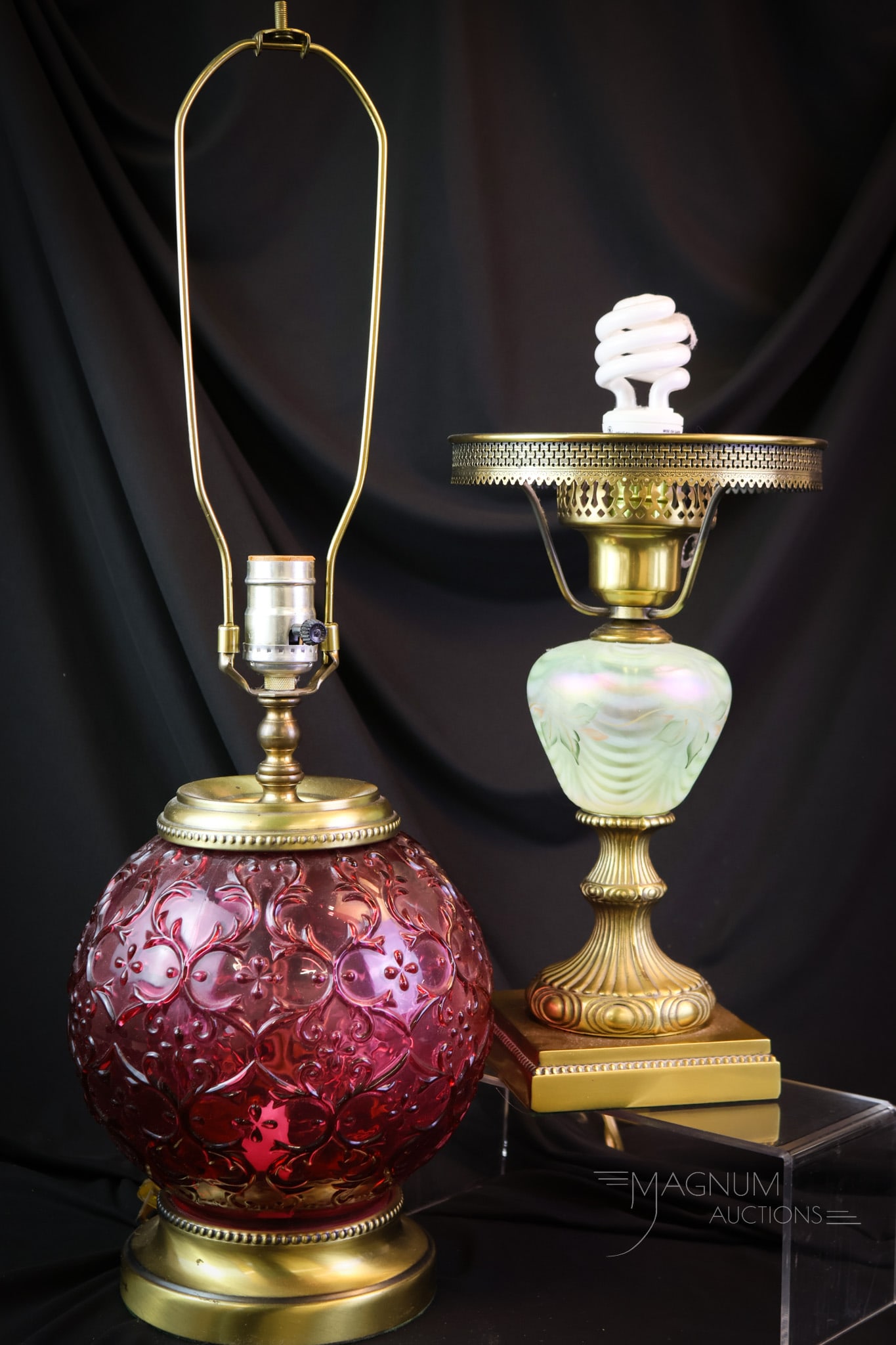 2 pc Lot Fenton Art Glass Lamp Bases Topaz Vaseline Opalescent & Cranberry: two distinct finds in Fenton art glass in the form of lamp bases. The first is a Topaz vaseline uranium-rich opalescent satin iridescent example with hand-painted decoration. The second is a cranberry