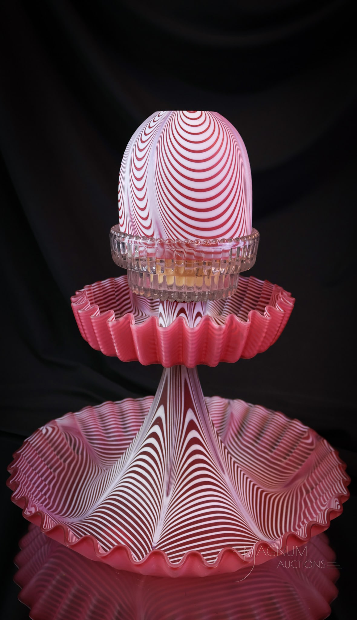 Cranberry Nailsea Victorian 3-Tier Glass Clarke Fairy Lamp: A gorgeous and wonderful Victorian Nailsea cranberry glass three-tier fairy lamp canterpiece. This wonderful piece has great coloring and form. Buy them when you see them! This fairy lamp measures 11 