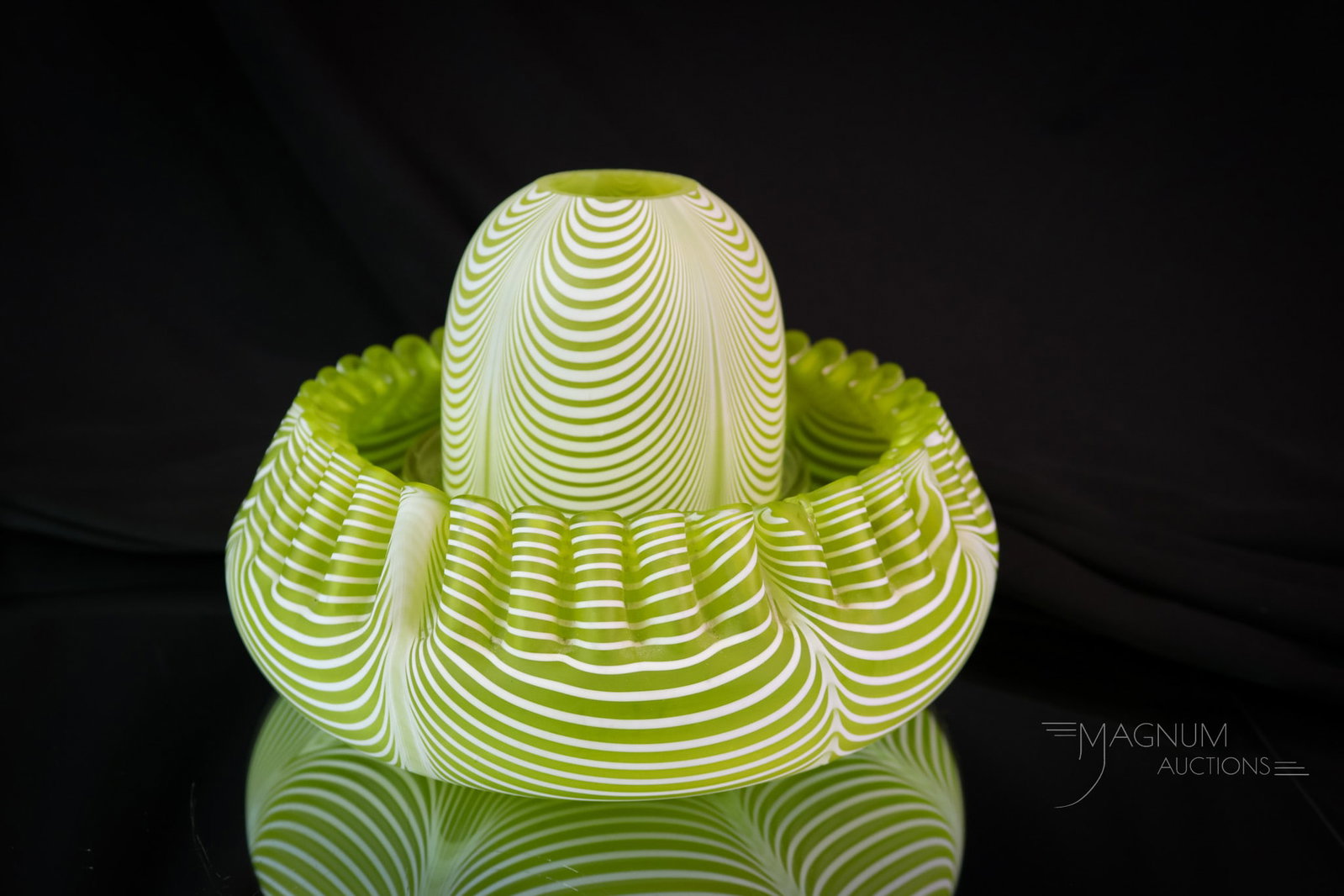Citron Victorian Nailsea Glass Clarke Fairy Lamp: Another great find in Victorian nailsea glass. This is a citron-colored fairy lamp that's complete with a matching base and signed Clarke candle cup. This lovely measures 5" tall and 6" wide. SHIPPING