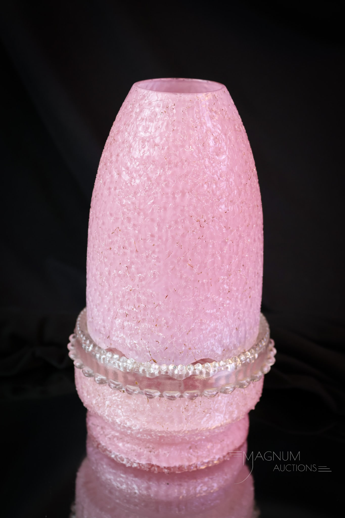 Pink Cased Overshot Victorian Glass Fairy lamp: A very unusual pink-cased Victorian glass textured-overshot fairy lamp. This perfect-in-pink is complete with a Clarke candle cup. This lamp measures 7" tall and 3 3/4" wide. SHIPPING NOTICE: If you c