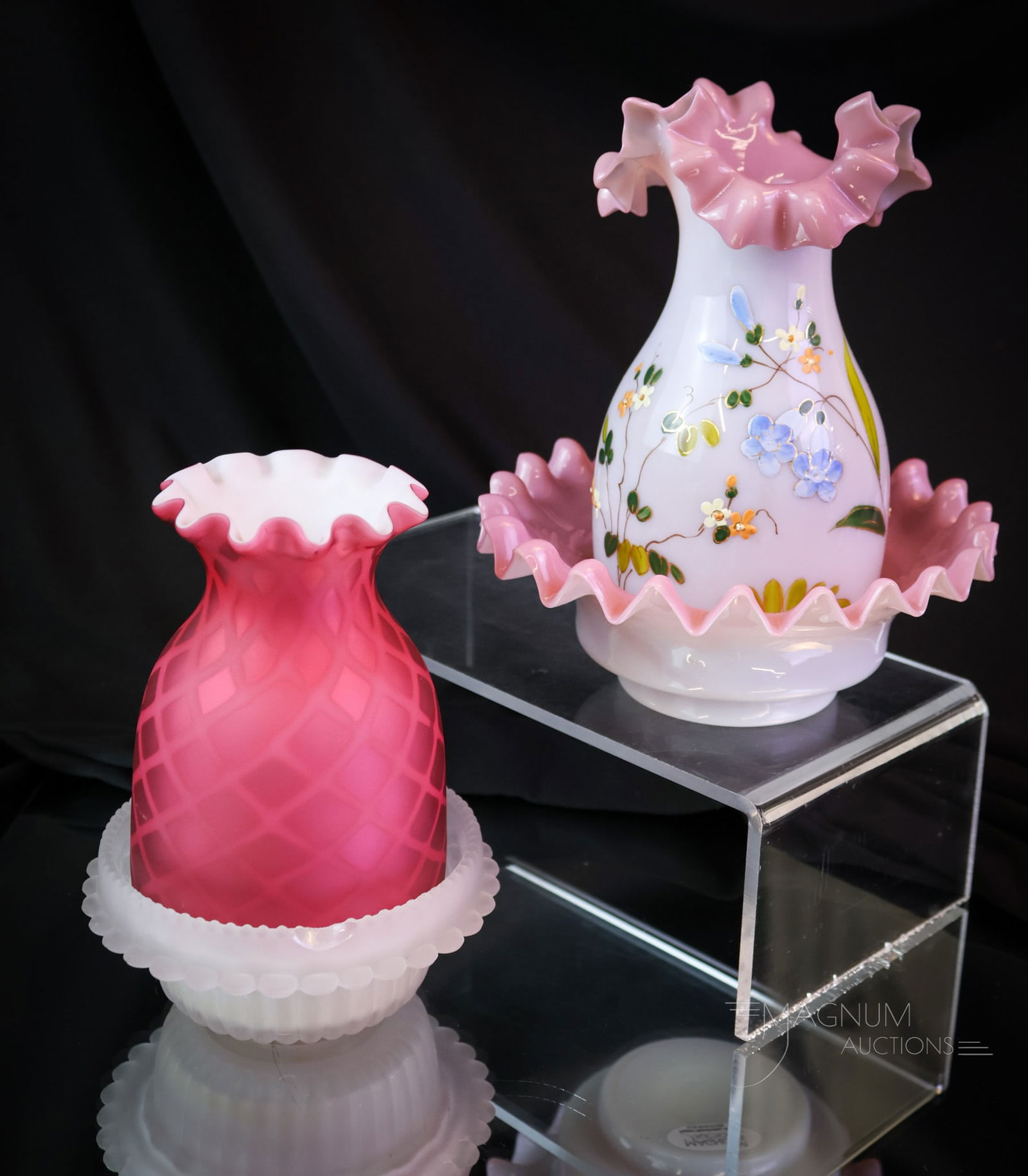 2 pc Lot Victorian Bristol & Mother of Pearl Glass Fairy lamps: Two unique finds in Victorian glass fairy lamps. The first is a Bristol glass enameled example. The second is a Diamond-quilt Mother-of-Pearl example with a fluted top rim on a clear Clarkes candle cu