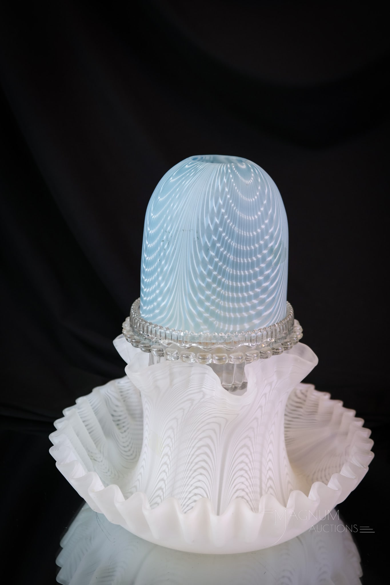 Scarce Double Nailsea Victorian Glass Fairy Lamp: A wonderful piece here, folks! This is a Victorian double nailsea glass fairy lamp. Naysayers will say the shade is not original. Both the shade and the base of this lamp are made of double nailsea gl