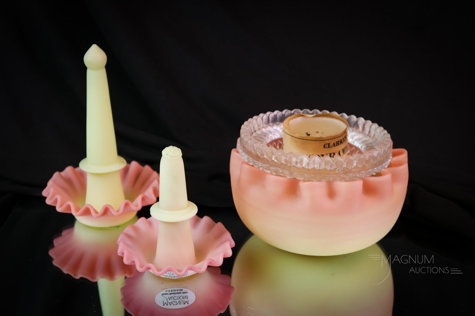 4 pc Lot Victorian Fairy Lamp & Epergne Glass Parts Burmese & More: Four must-have finds in Victorian glass fairy lamp and epergne parts. These are indispensable if you need them. This lot includes three pieces of Webb burmese glass. There is a fairy lamp base with a 