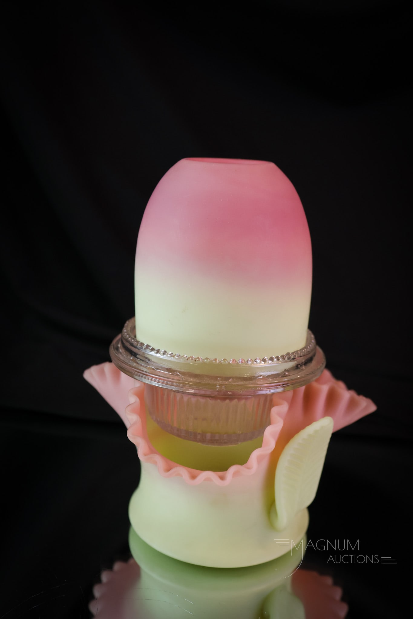 Webb Burmese Uranium Glass Victorian Fairy lamp: Another choice Victorian fairy lamp. This one is in uranium-rich burmese glass. The drapes match the carpet on this lovely example. It also bears an applied glass leaf. The lamp retains the Clarke-sig