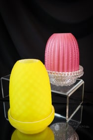 2 pc Lot Victorian Fairy Lamps Mother of Pearl Satin Glass Cut Velvet