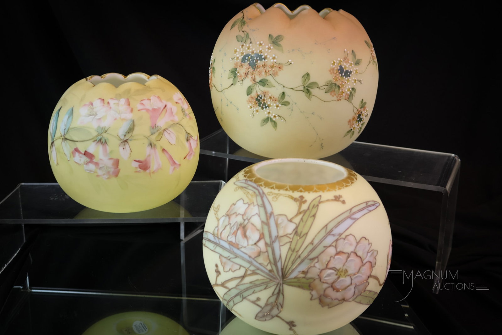 3 pc Lot Mt. Washington Victorian Glass Decorated Rose Bowls: What is better than one rose bowl? Three! This lot combines three fine sizes and shapes of Mt. Washington glass. Each is decoratd with florals around. One is a Crown Milano line example. The tallest m