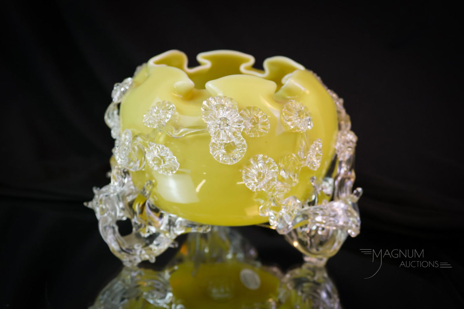 Stevens & Williams Mat-su-Noke Victorian Uranium Glass Rose Bowl: A lovely find in a Victorian Stevens & Williams glass rose bowl in their Mat-su-Noke line. This oatmeal beige rose bowl is rich in uranium content. The piece measures 4 3/4" tall. Chips on two thorns