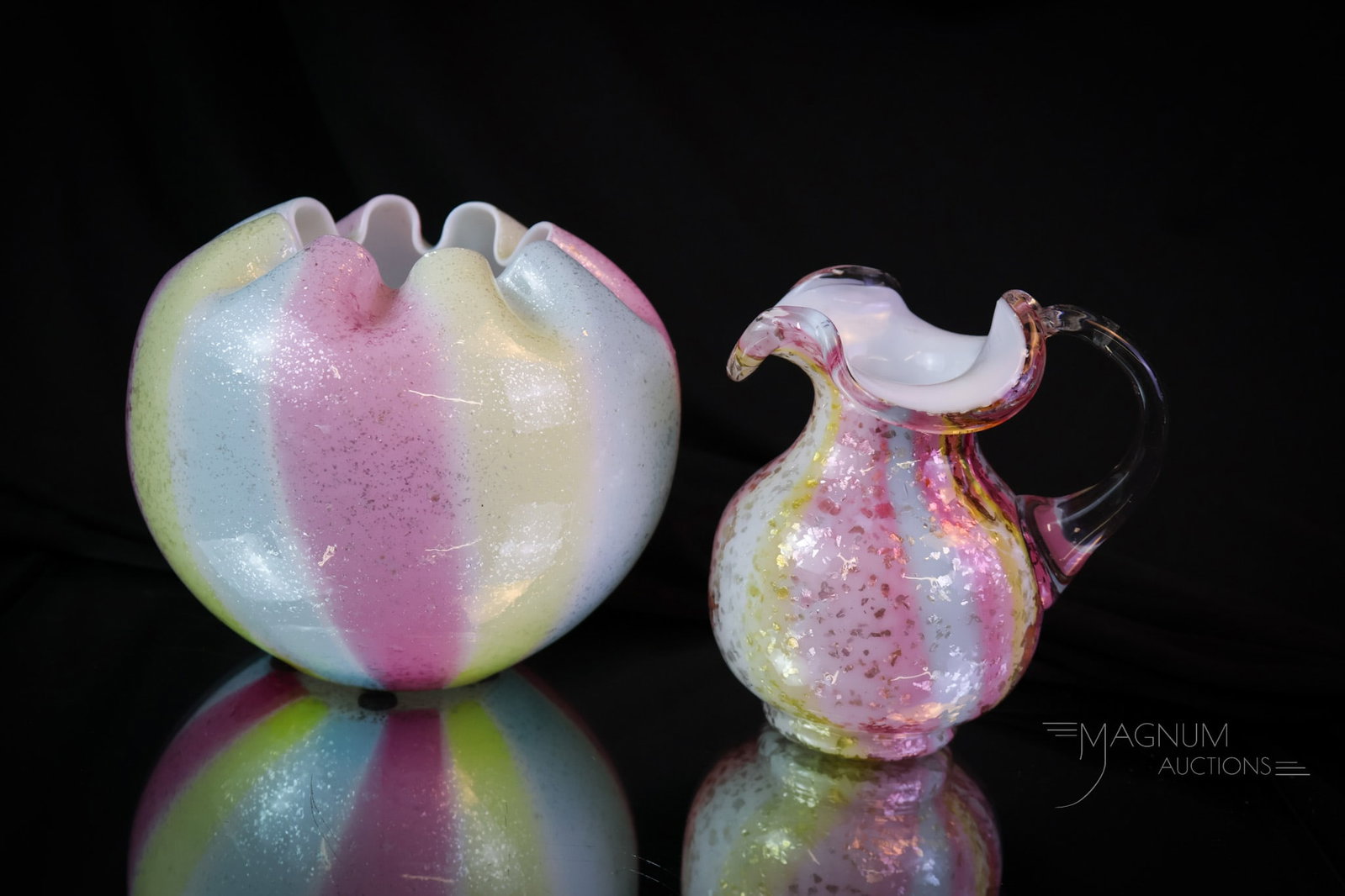 2 pc Lot Rainbow Spangle Victorian Glass Rose Bowl & Cream Pitcher: Two select finds in rainbow-spangled striped Victorian glass. This lot combines a rose bowl and a cream pitcher. The tallest measures 4 3/4". SHIPPING NOTICE: If you choose not to utilize the LiveAuct