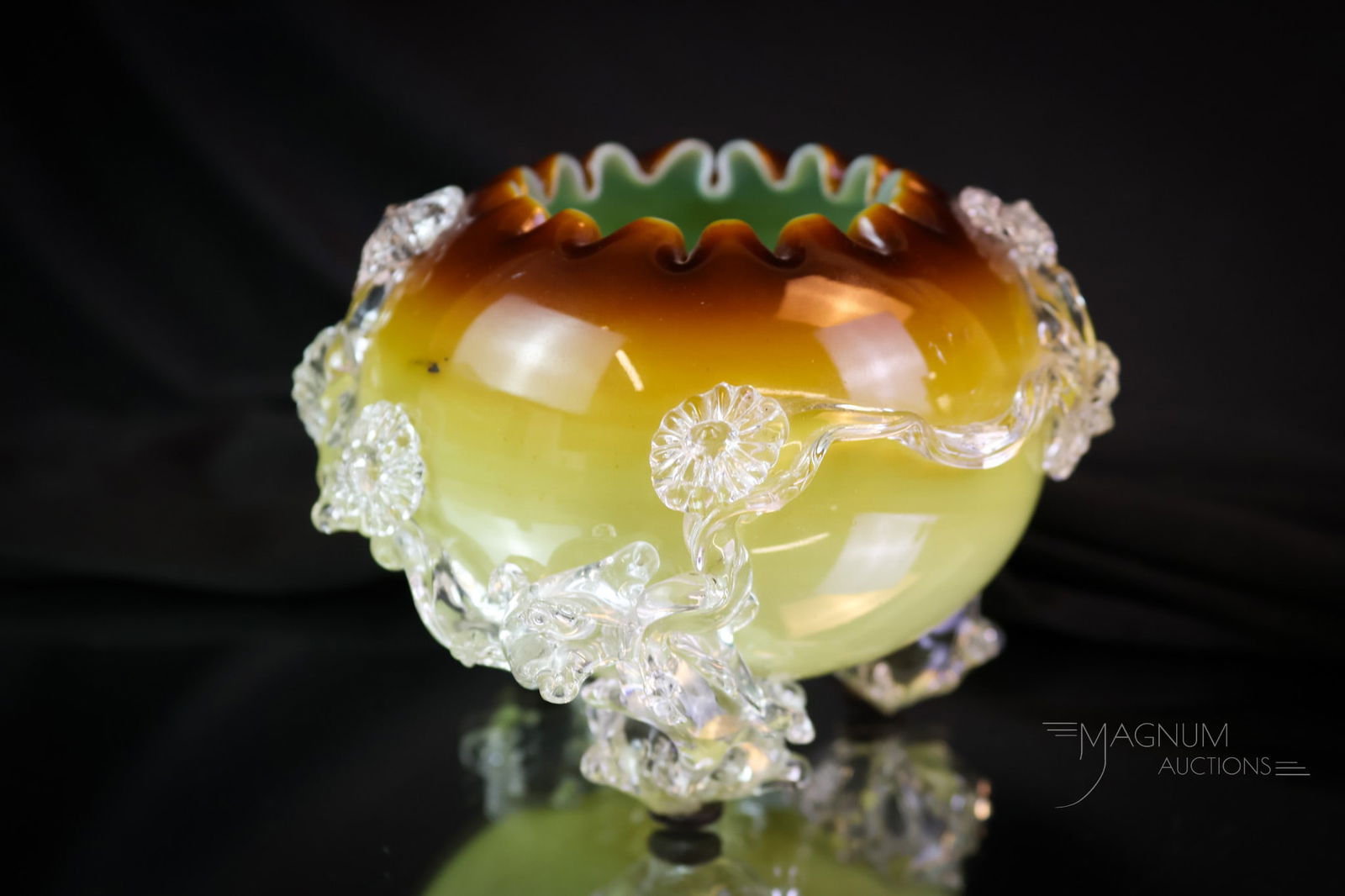 Stevens & Williams Mat-su-Noke Victorian Cased Uranium Glass Rose Bowl: A wonderful find in Stevens & Williams Victorian Mat-su-Noke glass. This rose bowl is in a deep hazelnut brown color with a robin egg blue interior. It is rich in uranium content and glows brightly un