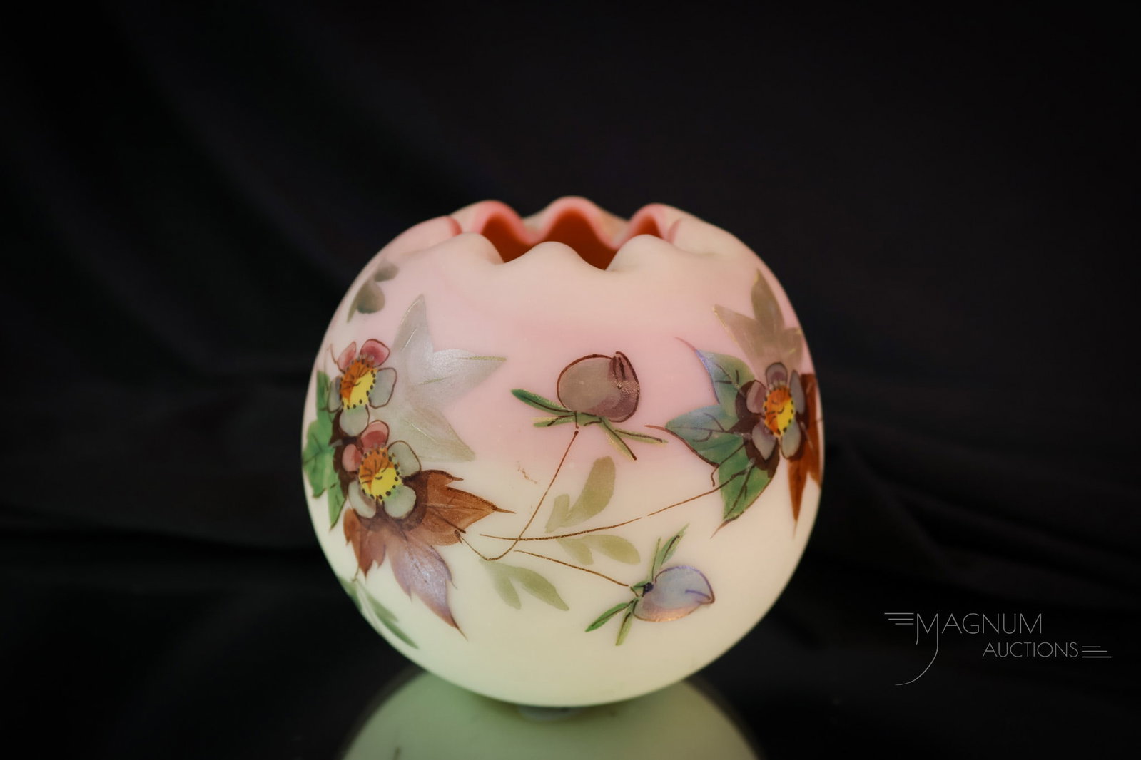 Webb Burmese Decorated Victorian Uranium Glass Rose Bowl: A diminutive find in Webb decorated burmese uranium-rich glass. This is a rose bowl with lovely floral decoration. The piece measures 2 3/4" tall. SHIPPING NOTICE: If you choose not to utilize the Liv