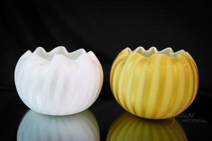 2 pc Lot Victorian Mother of Pearl Satin Glass Stripe Rose Bowls