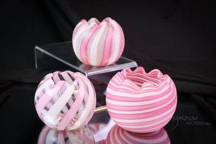 3 pc Lot Rare & More Stevens & Williams Ribbon Striped Victorian Rose Bowls