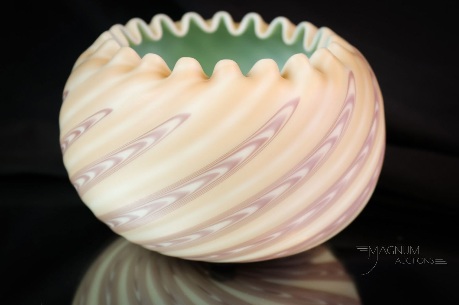 Stevens & Williams Victorian Glass Northwood Pull-up Rose Bowl: A very unusual color to find a piece of Stevens & Williams Northwood Pull-up in. This Victorian rose bowl is in an oatmeal beige with chocolate brown pul-ups. It features a box-pleated top rim and a b