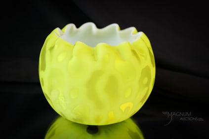 Chartreuse Satin Victorian Mother of Pearl Victorian Glass Rose Bowl