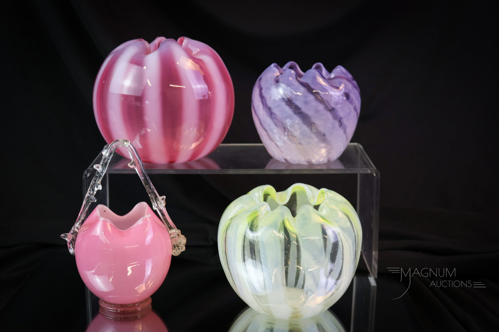 4 pc Lot Victorian Glass Opalescent Rose Bowls & Basket: Four selections to get you giddy. This lot combines three rosebowls in opalescent glass along with a satin rose bowl-form basket. The tallest measures 5 1/2" tall. SHIPPING NOTICE: If you choose not t