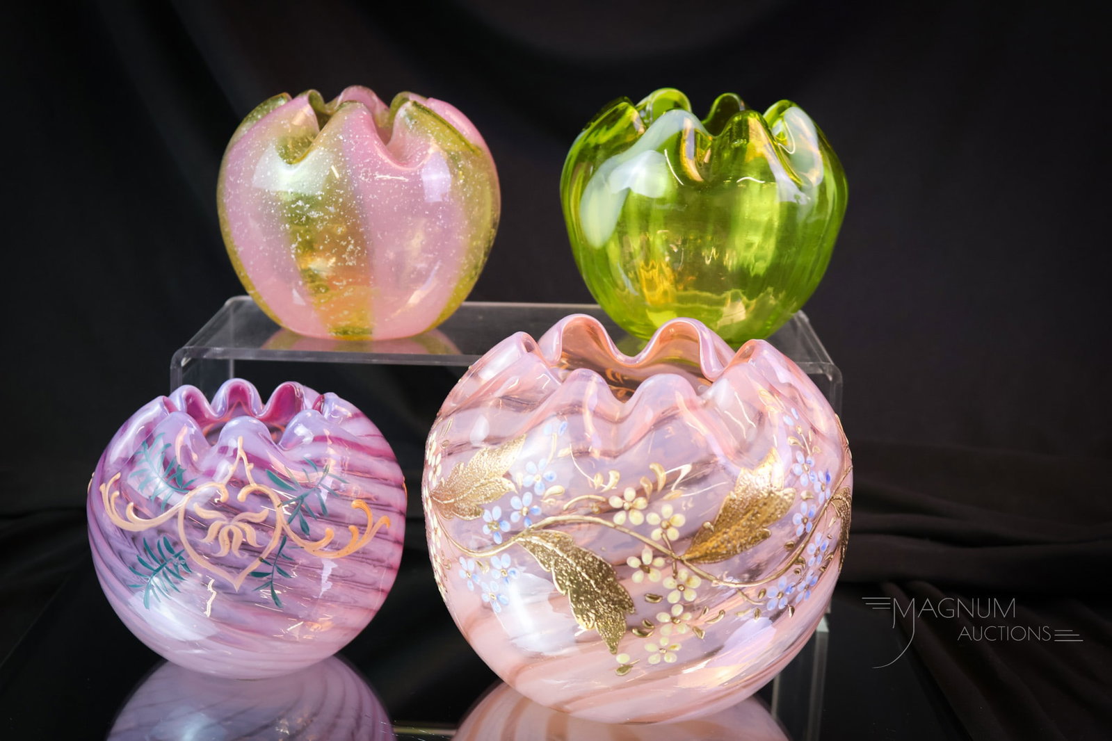4 pc Lot Victorian Art Glass Opalescent Decorated & More Rose Bowls: Two opalescent examples and two art glass examples of Victorian rose bowls make up this generous offering. This lot includes the opalescent examples that are enamel and gilt decorated. The other two a